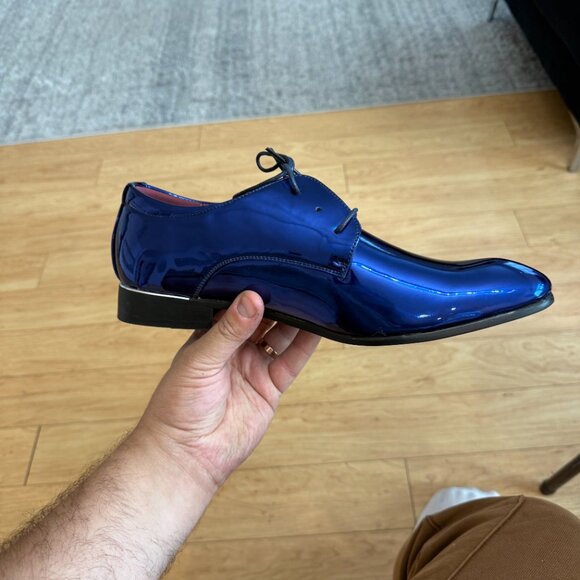 Santimon Men's US 11 Patent Leather Shiny Blue Oxford Shoes Pointed Toe Lace Up - Picture 8 of 11